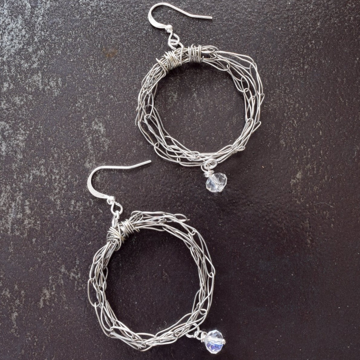 Rain Drops, Woven Wire Dangle Hoop Earrings with Clear Crystals