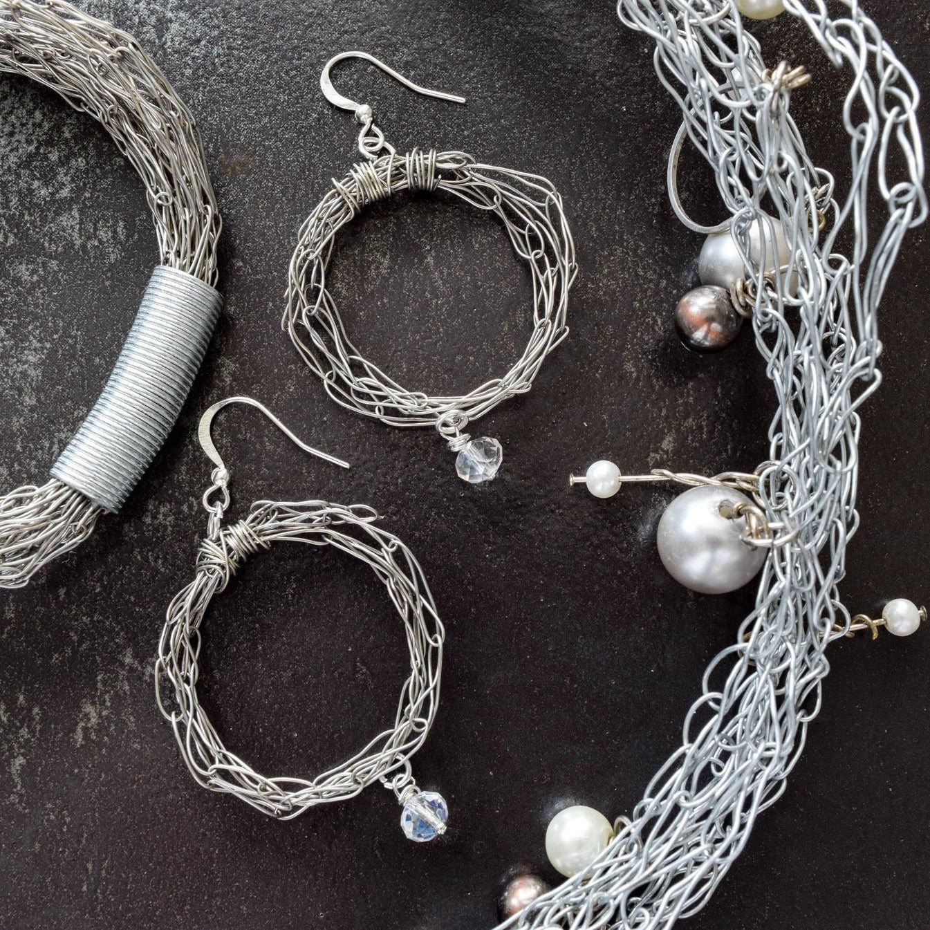 Rain Drops, Woven Steel Necklace with Clear, White, Silver, and Gray Beads