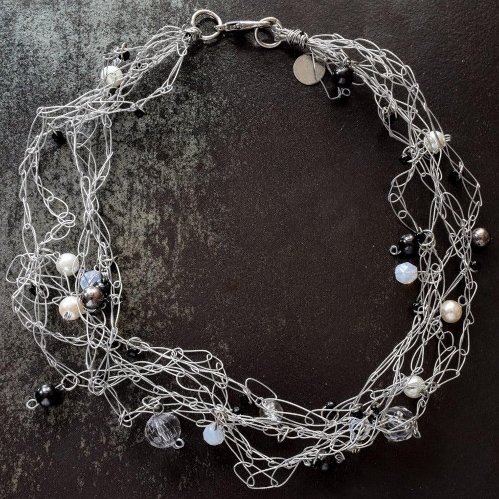 Soft Rain, Woven Wire Necklace with numerous and varied Beads