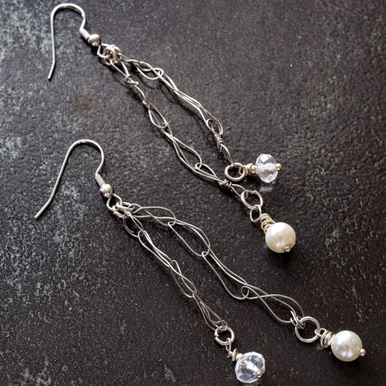 Soft Rain, Woven Wire Double Dangle Earrings