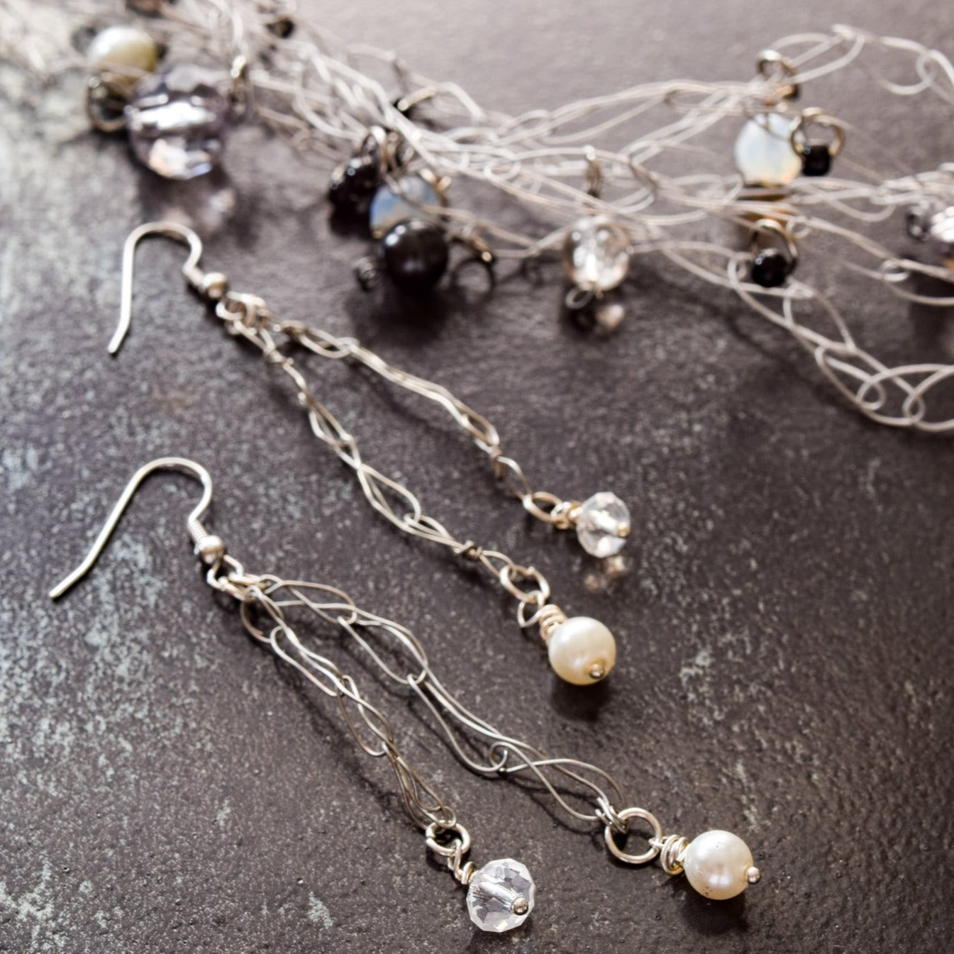 Soft Rain, Woven Wire Necklace with numerous and varied Beads