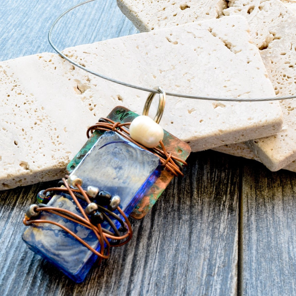 Artisan Series, Slide Necklace with a Blue Glass Pendant