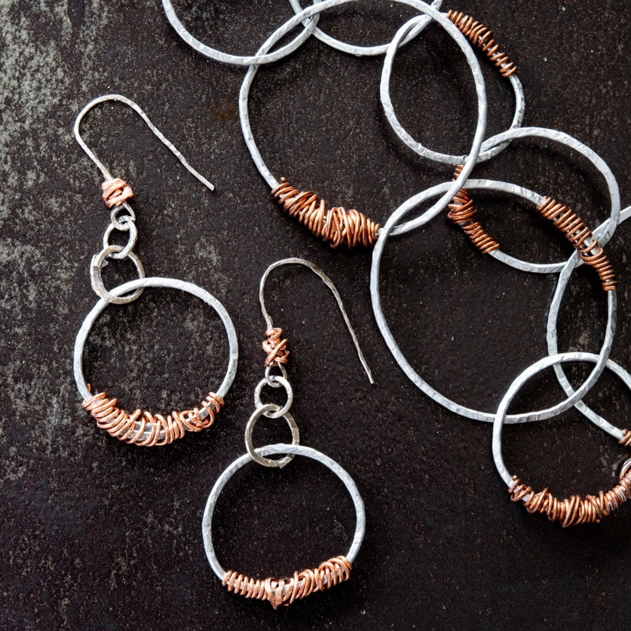 circles  steel and copper dangle earrings