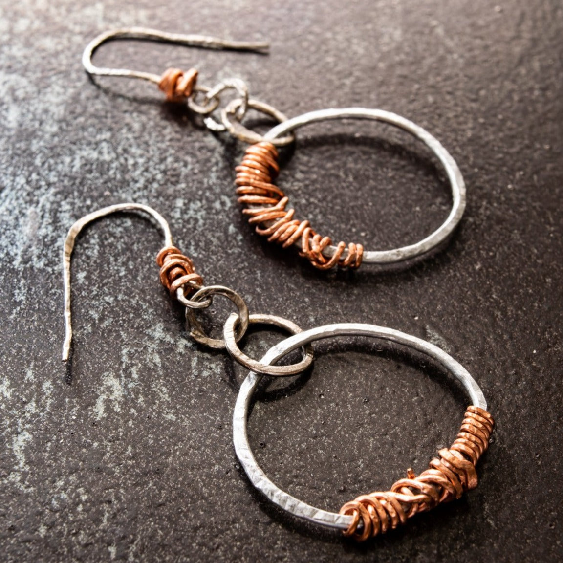 circles  steel and copper dangle earrings