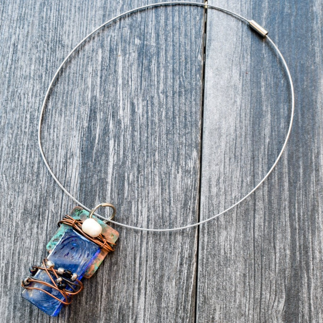 Artisan Series, Slide Necklace with a Blue Glass Pendant