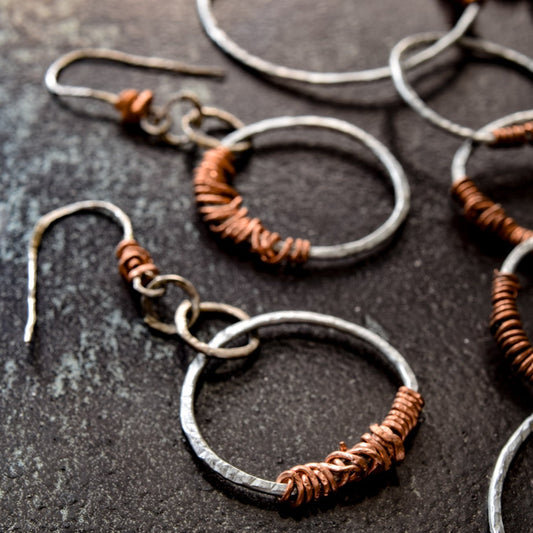 circles  steel and copper dangle earrings