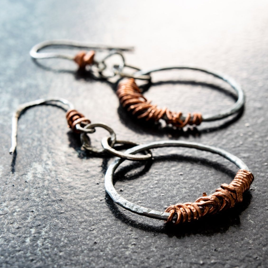 circles  steel and copper dangle earrings