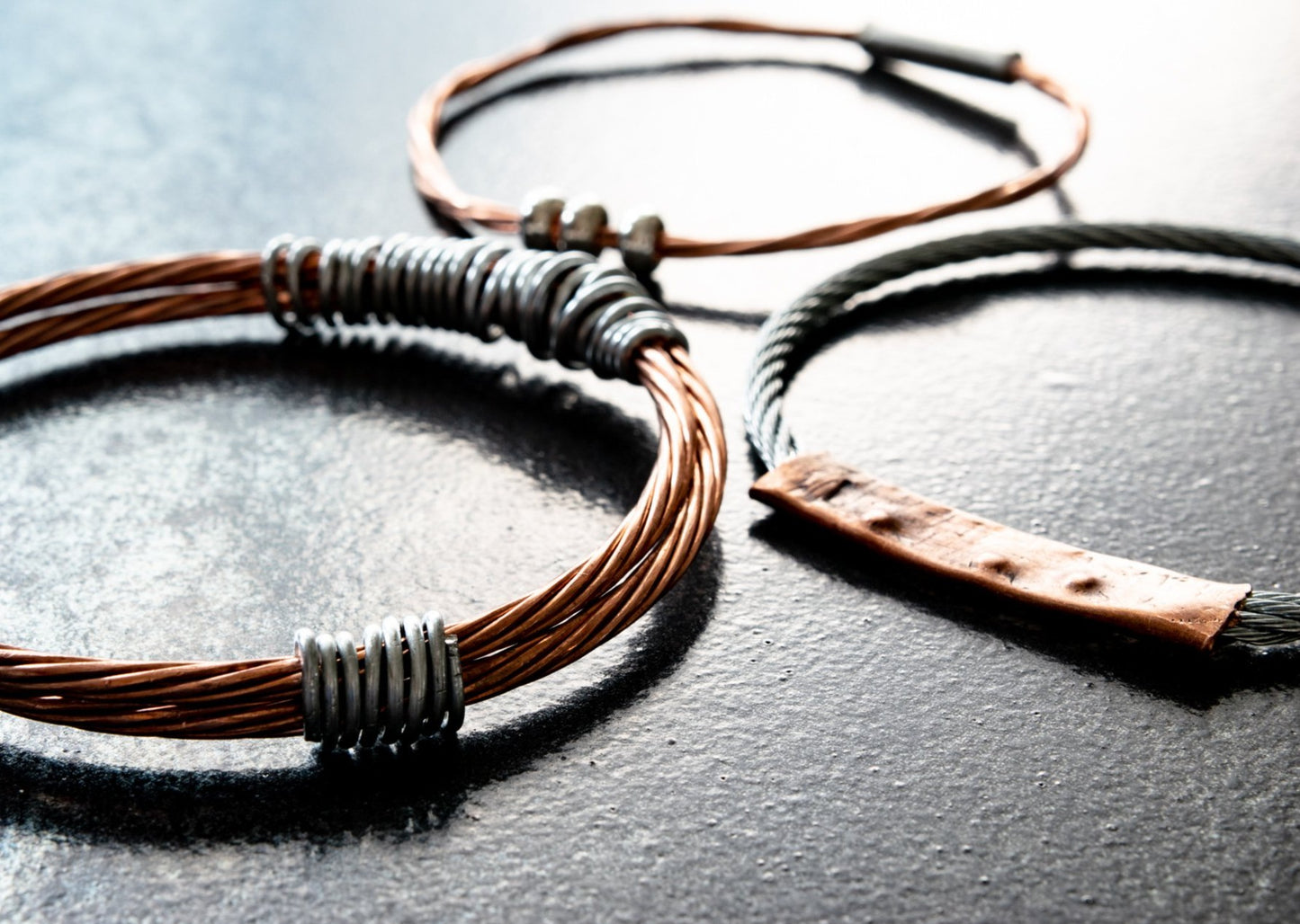 Cable Ties, Twisted Steel Cable Unisex Bracelet with Pounded Copper