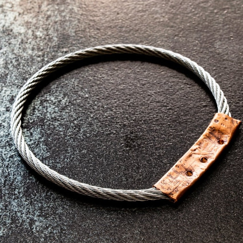 Cable Ties, Twisted Steel Cable Unisex Bracelet with Pounded Copper