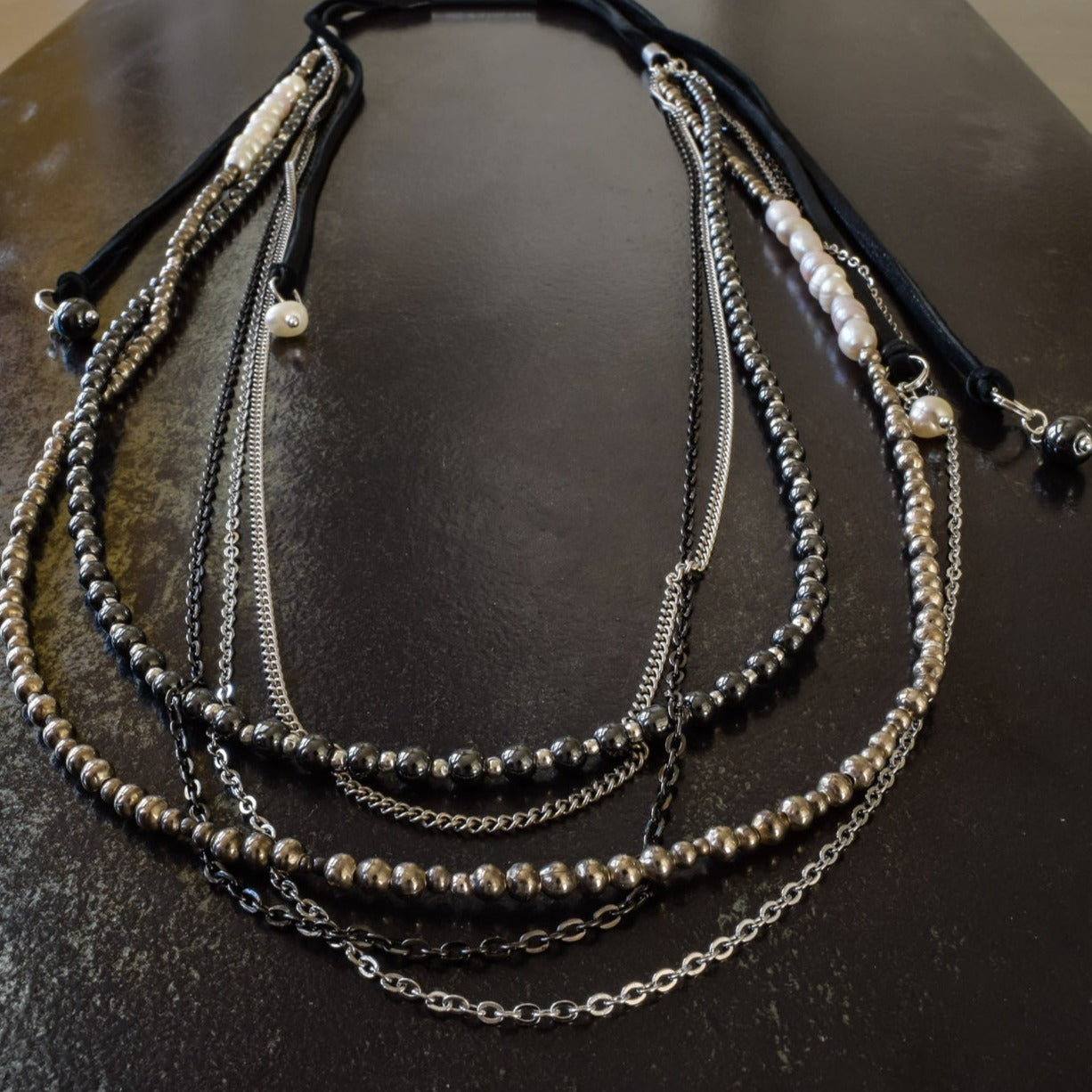 Black Hematite & Pearl  long  multi strand adjustable fine leather  Necklace