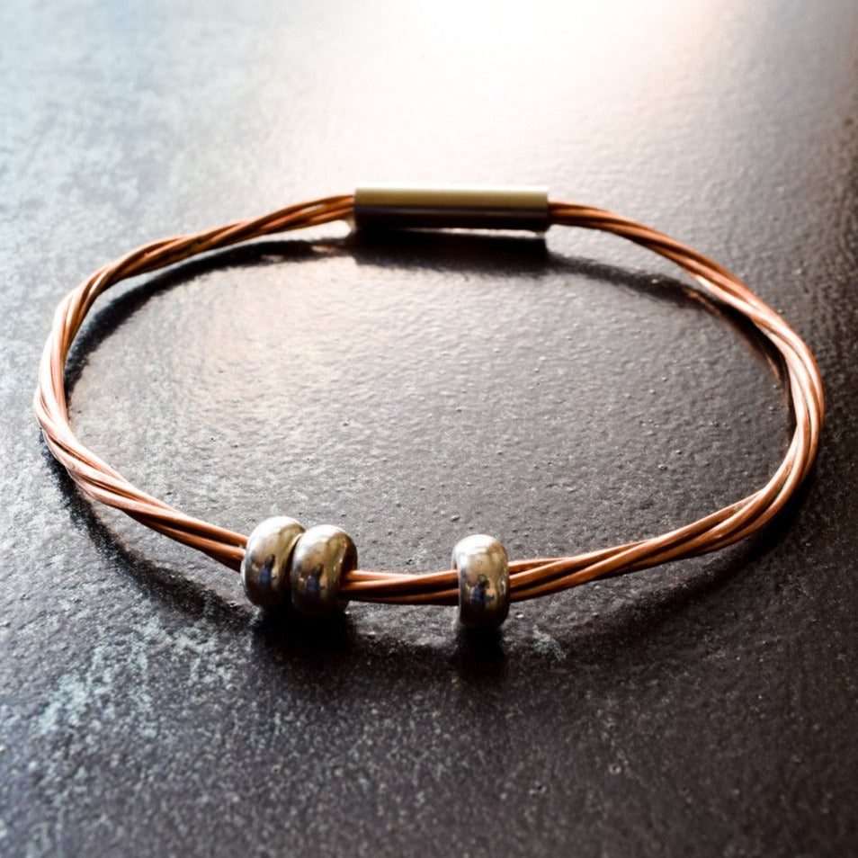 Cable Ties, Copper Twist Bracelet with three Steel Beads and Tube