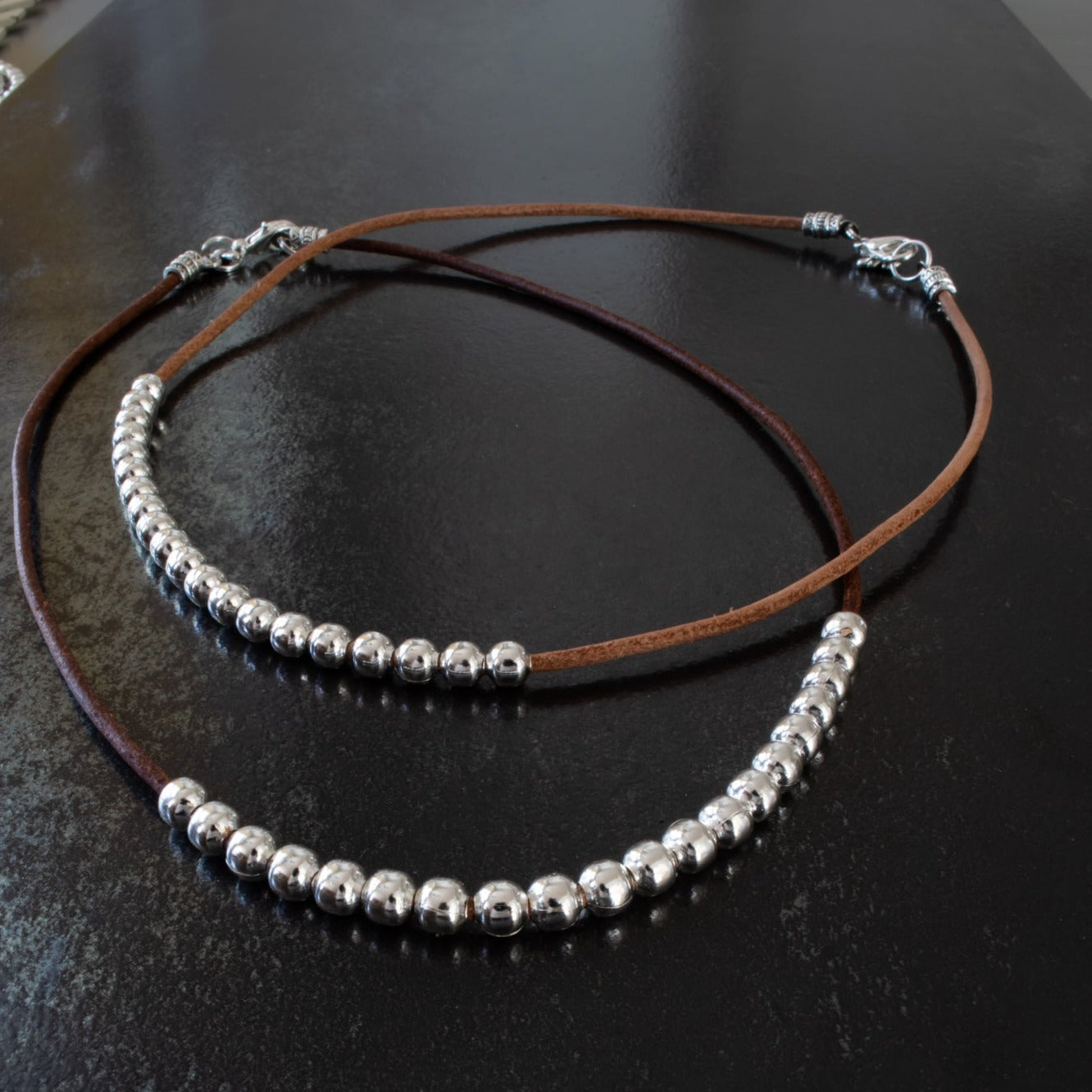 Beginnings, 18.5-inch light brown & Dark brown   Leather Necklace  with Silver Beads