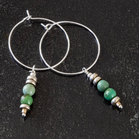 Expressions in Turquoise2 green  Natural Turquoise silver hoop Dangle Earrings