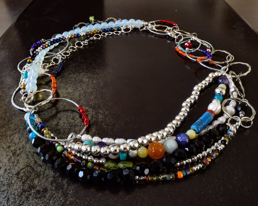 42'' Art Wear Necklace Mixed Semiprecious Stones, Hand Hammered l, Handmade. photo is representatio