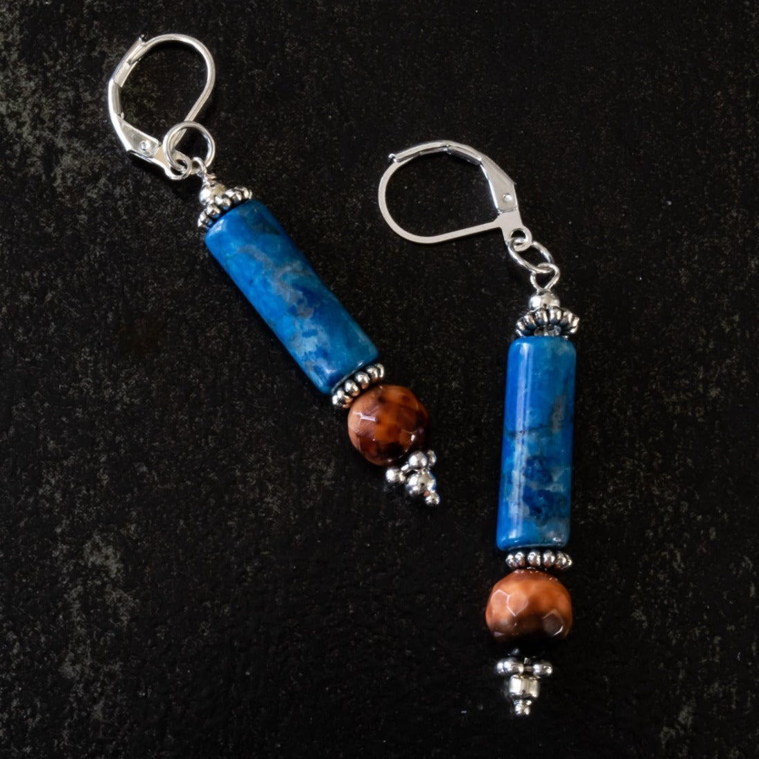 Sodalite & Red Agate Carnelian Silver Dangle Earrings