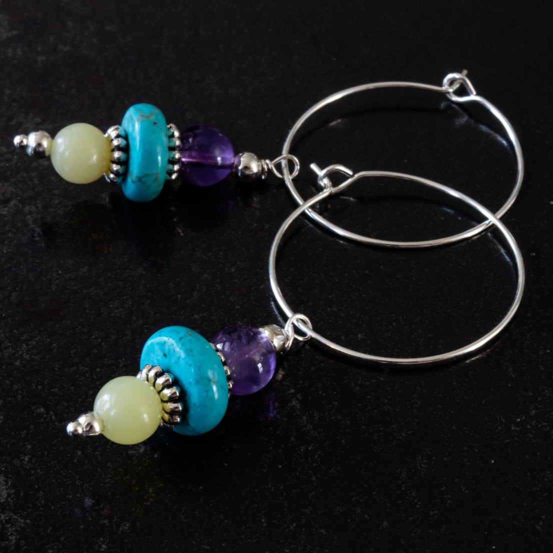 Amethyst, Tquroise & Pardot Silver Hoop Dangle Earrings