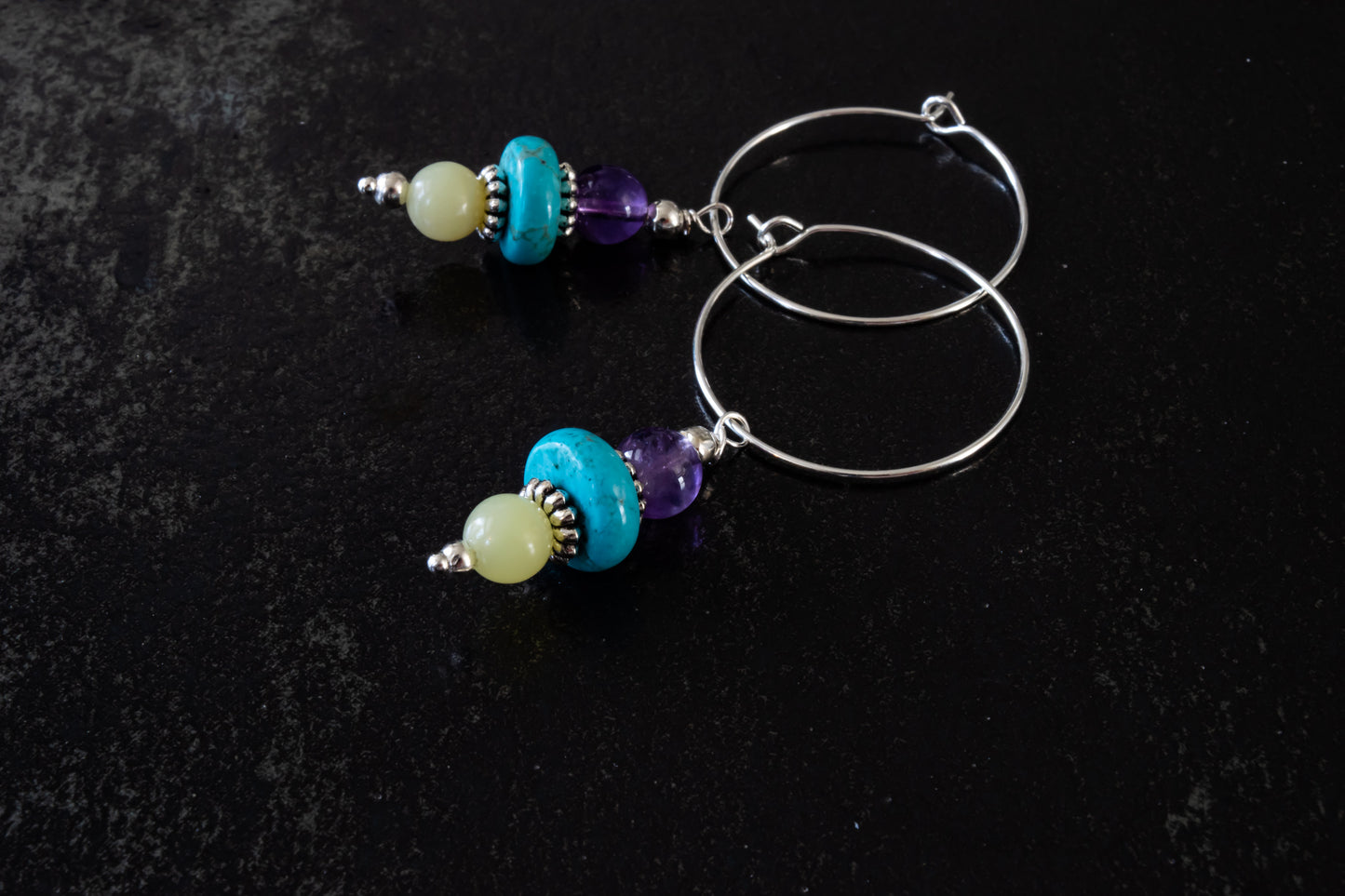 Amethyst, Tquroise & Pardot Silver Hoop Dangle Earrings