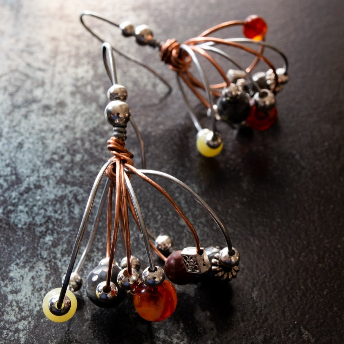 Artisan Series - Bundles, Autumn Mix Hook Earring with Stones, Steel, and Copper