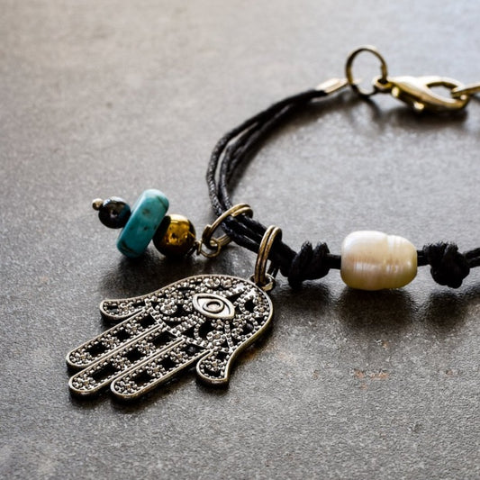 Istanbul, Black Corded Bracelet with Silver Filigree Hamsa, Turquoise, Hemitite, and a Fresh Water Pearl