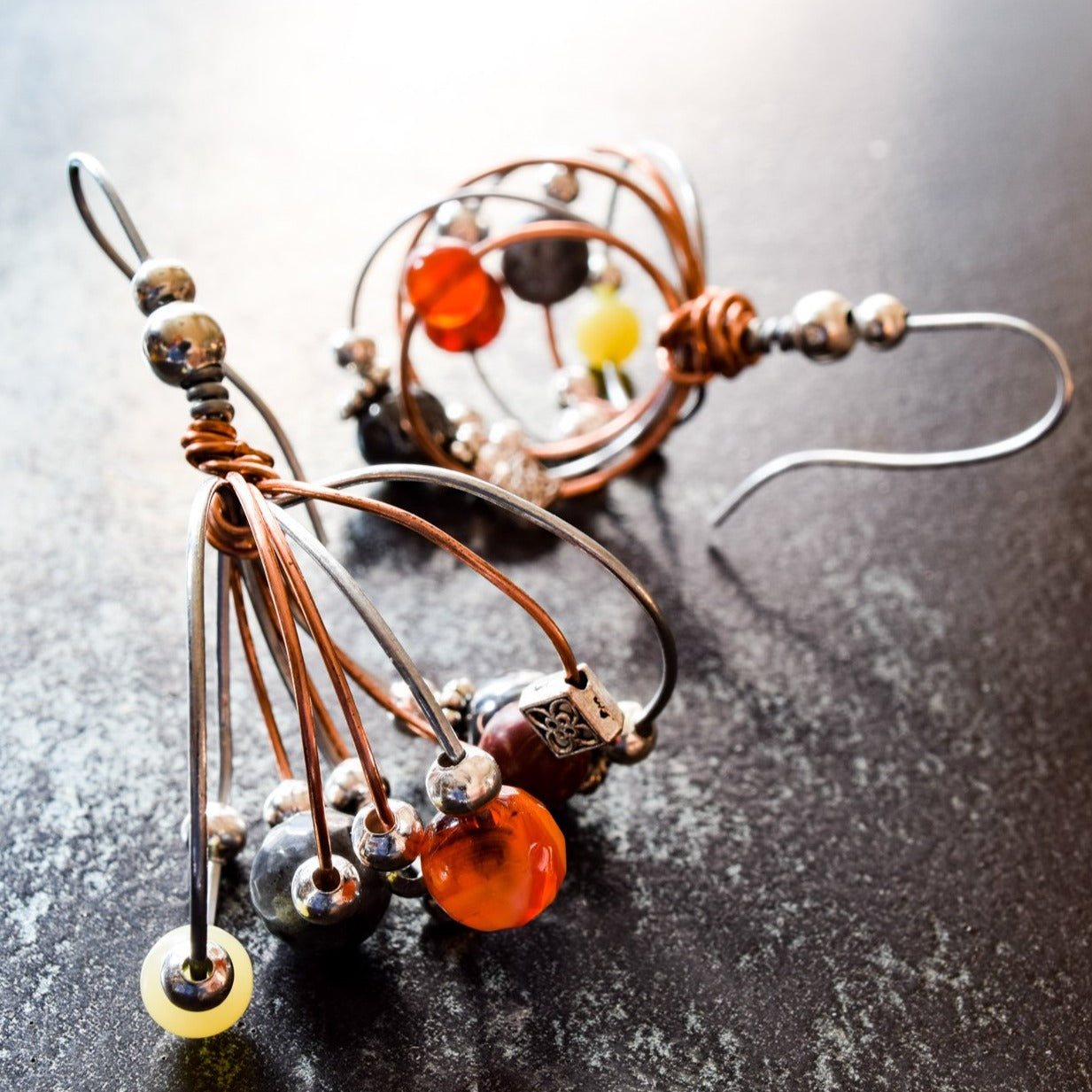 Artisan Series - Bundles, Autumn Mix Hook Earring with Stones, Steel, and Copper