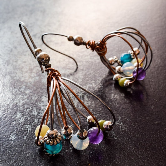 Artisan Series - Bundles, Spring Mix Steel and Copper Twisted Wire Earrings with Stones, and Silver Beads