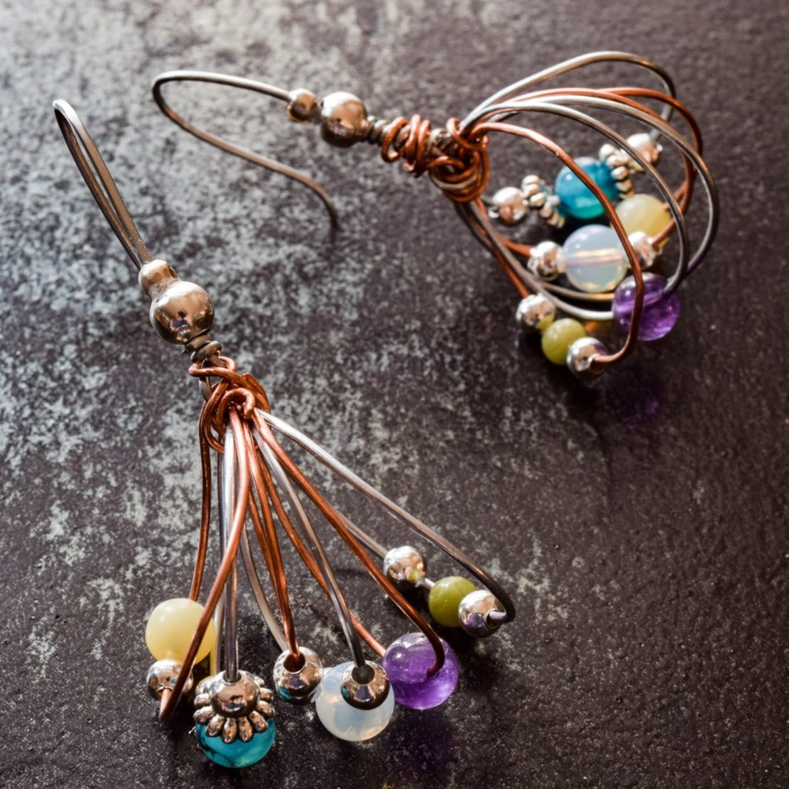 Artisan Series - Bundles, Spring Mix Steel and Copper Twisted Wire Earrings with Stones, and Silver Beads