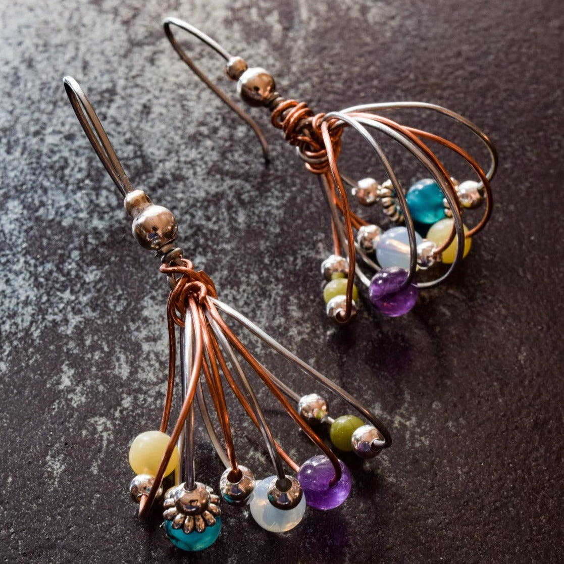 Artisan Series - Bundles, Spring Mix Steel and Copper Twisted Wire Earrings with Stones, and Silver Beads