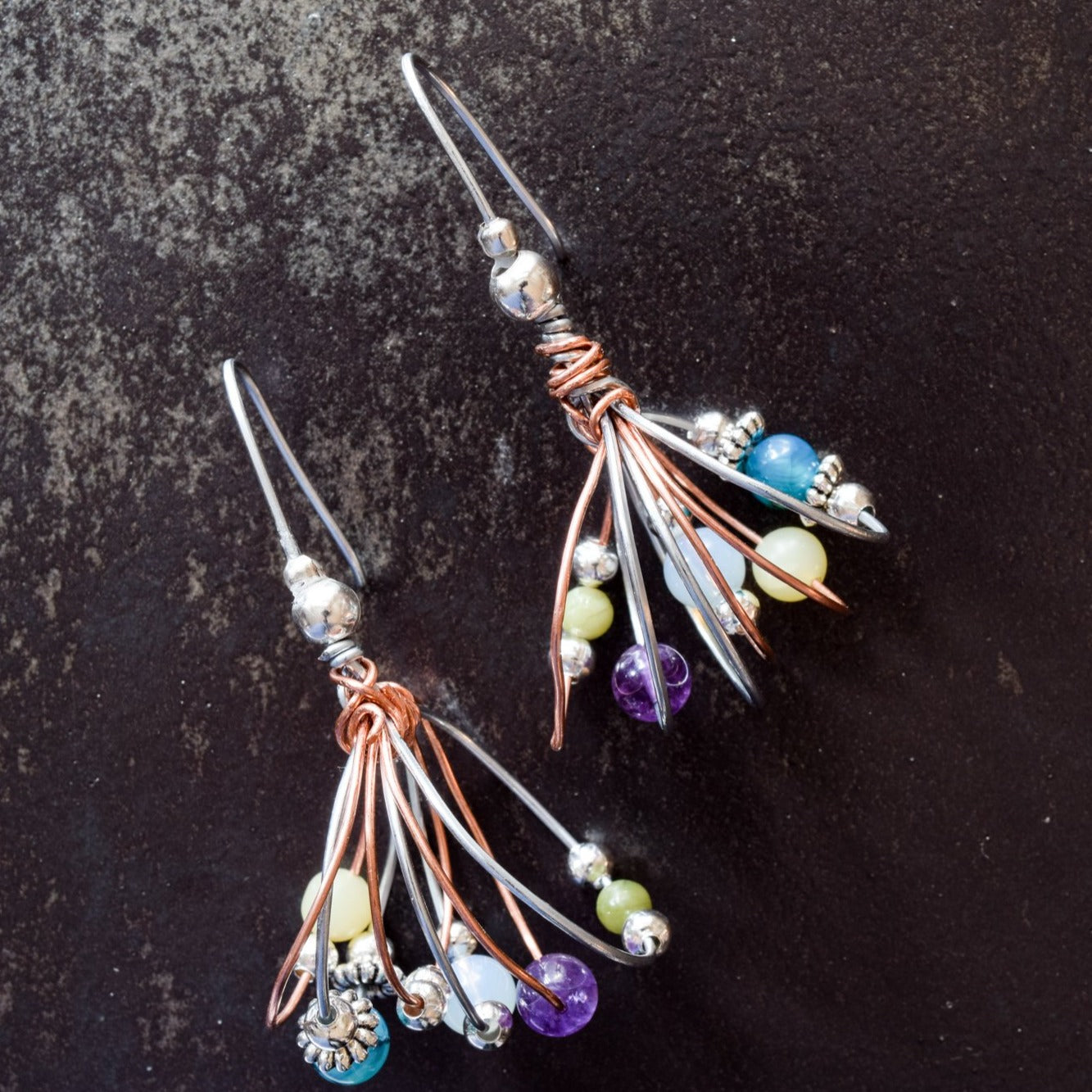 Artisan Series - Bundles, Spring Mix Steel and Copper Twisted Wire Earrings with Stones, and Silver Beads