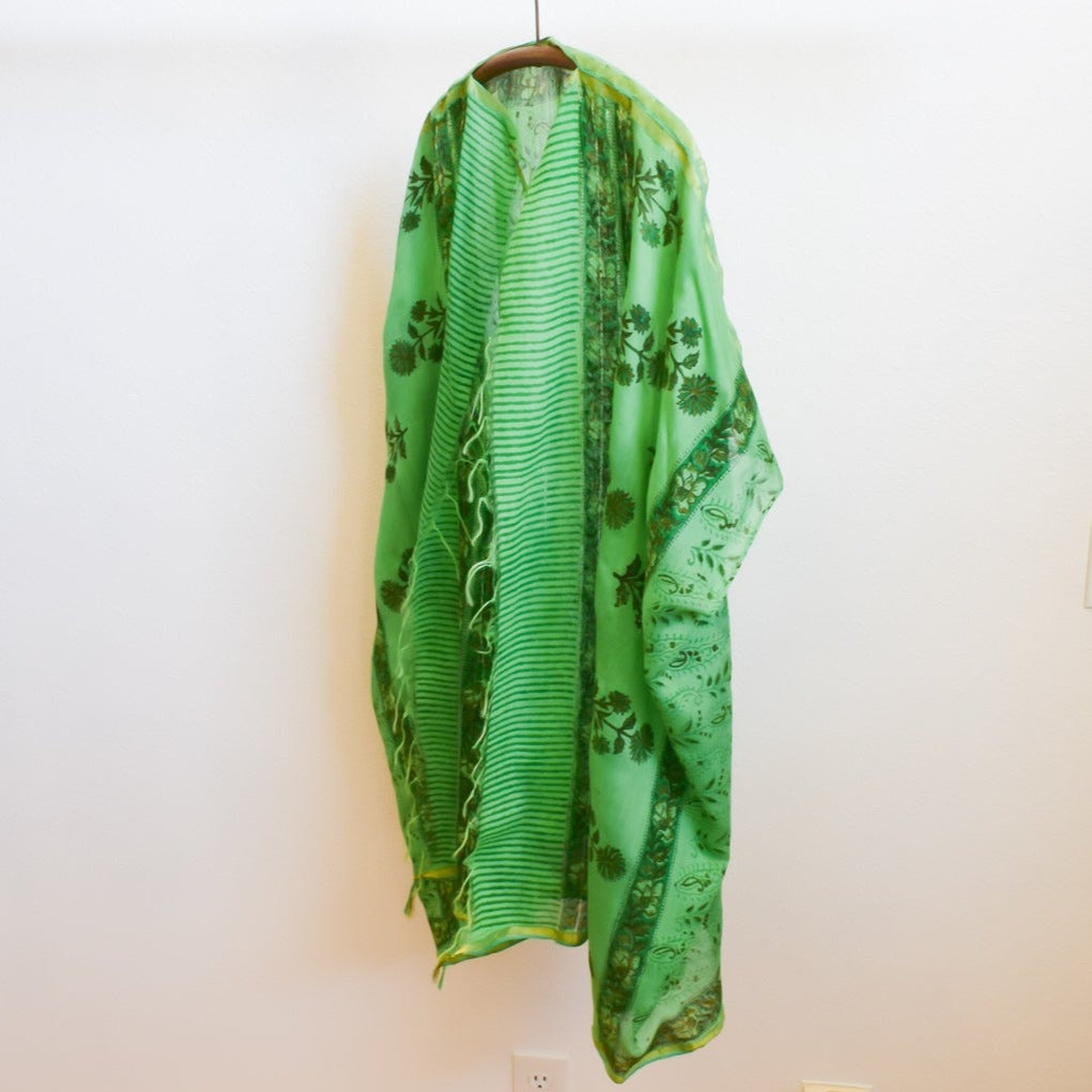 Women's Lightweight Cotton, Floral Patterned, Emerald Green, Open Front, Kimono Top Blouse