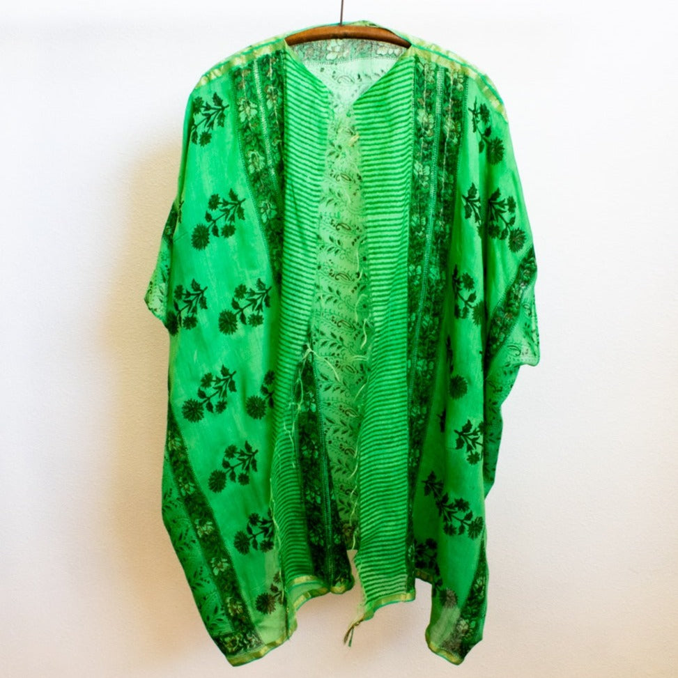 Women's Lightweight Cotton, Floral Patterned, Emerald Green, Open Front, Kimono Top Blouse