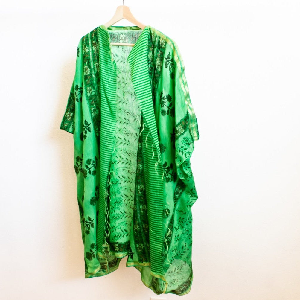 Women's Lightweight Cotton, Floral Patterned, Emerald Green, Open Front, Kimono Top Blouse