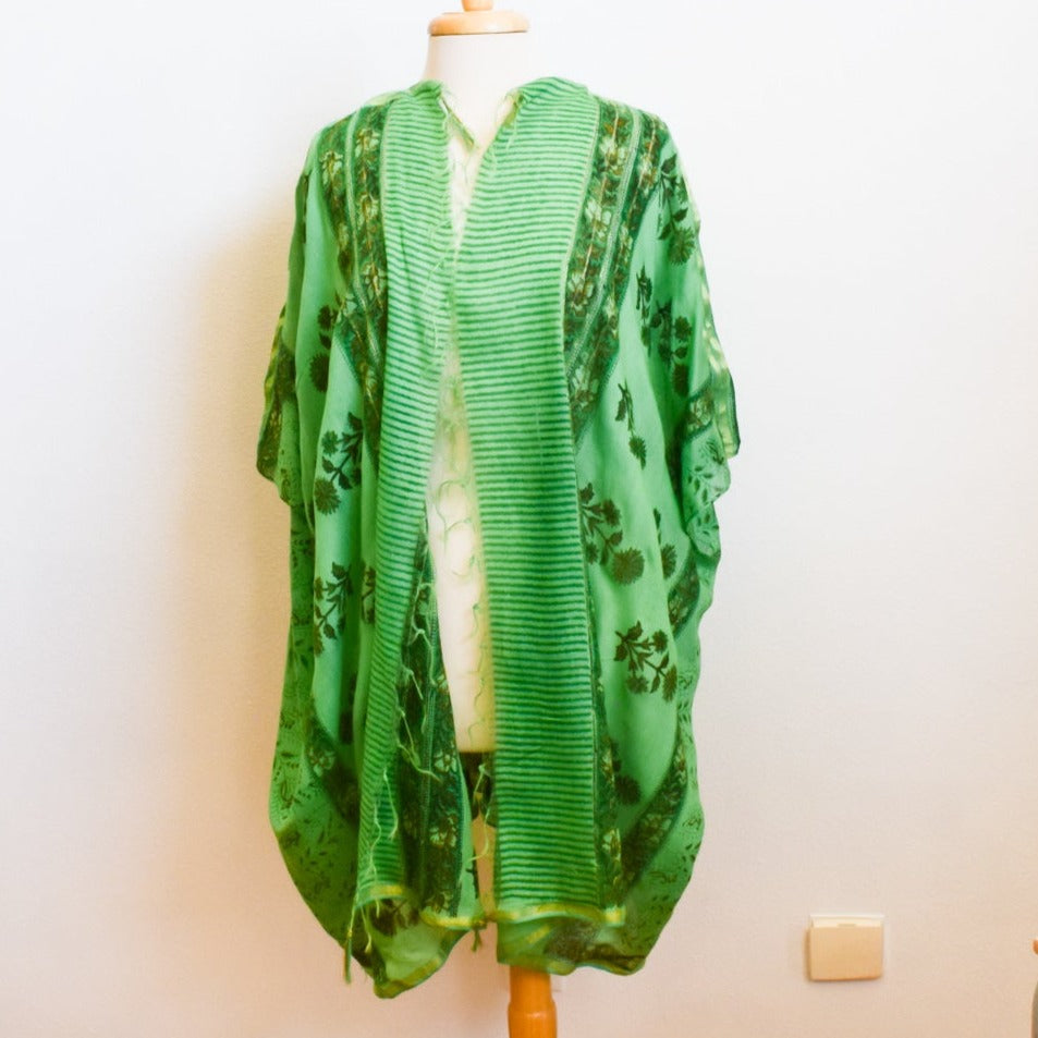 Women's Lightweight Cotton, Floral Patterned, Emerald Green, Open Front, Kimono Top Blouse