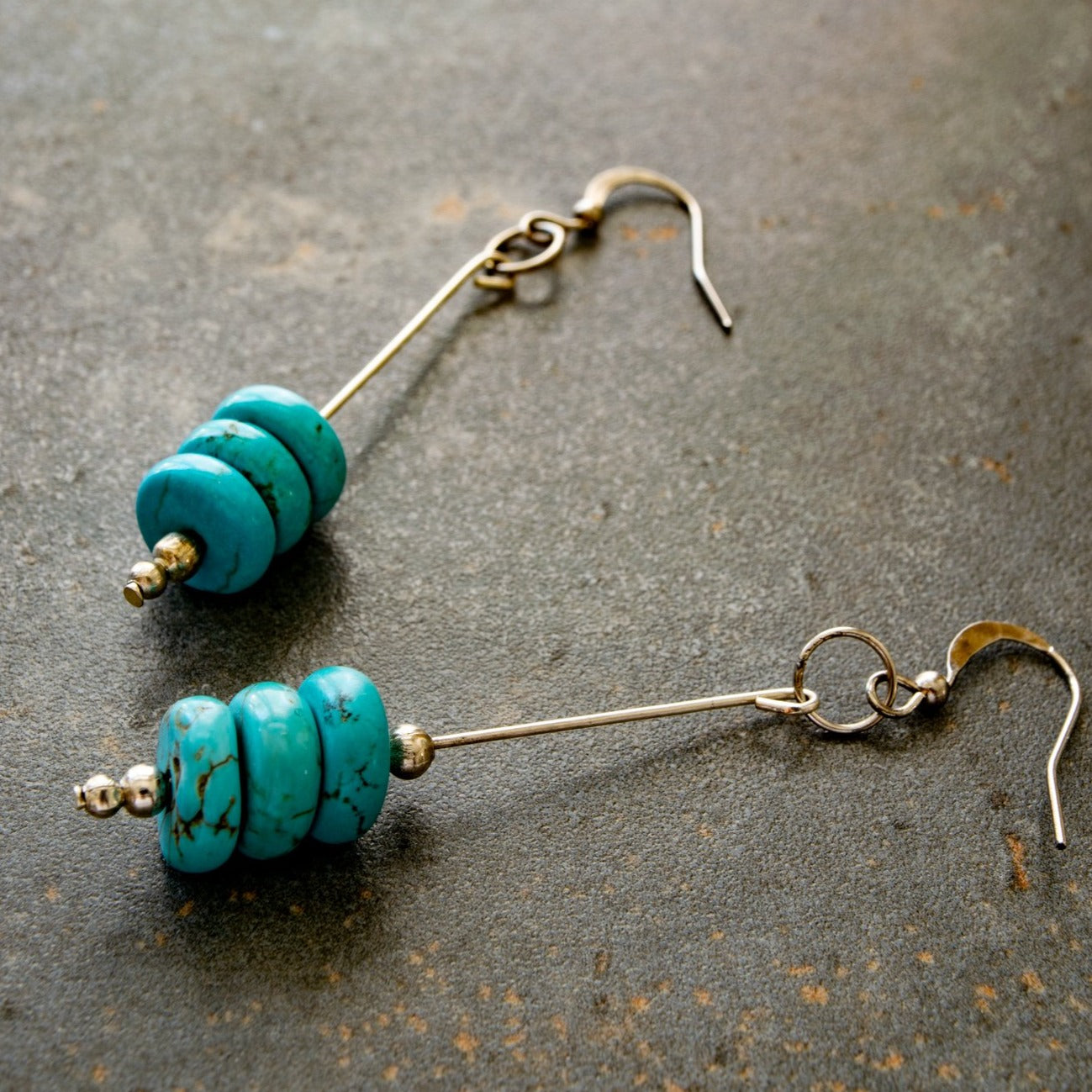 Expressions in Turquoise Natural Turquoise Stacked Stone and Silver Dangle Earrings