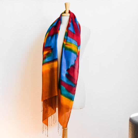 Large Hand Dyed Red, Yellow, Blue, and Green Fine Silk Scarf, with Contemporary Pattern