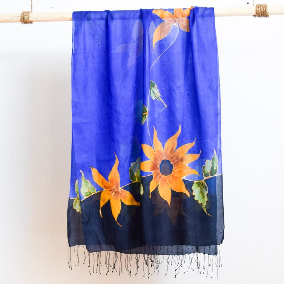 Large Hand Dyed Blue and Yellow, Fine Silk Scarf with Sunflowers