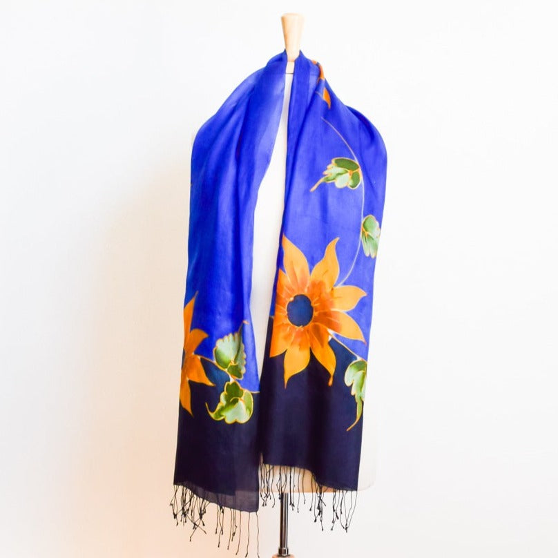 Large Hand Dyed Blue and Yellow, Fine Silk Scarf with Sunflowers