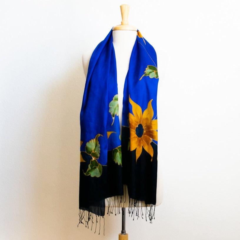 Large Hand Dyed Blue and Yellow, Fine Silk Scarf with Sunflowers