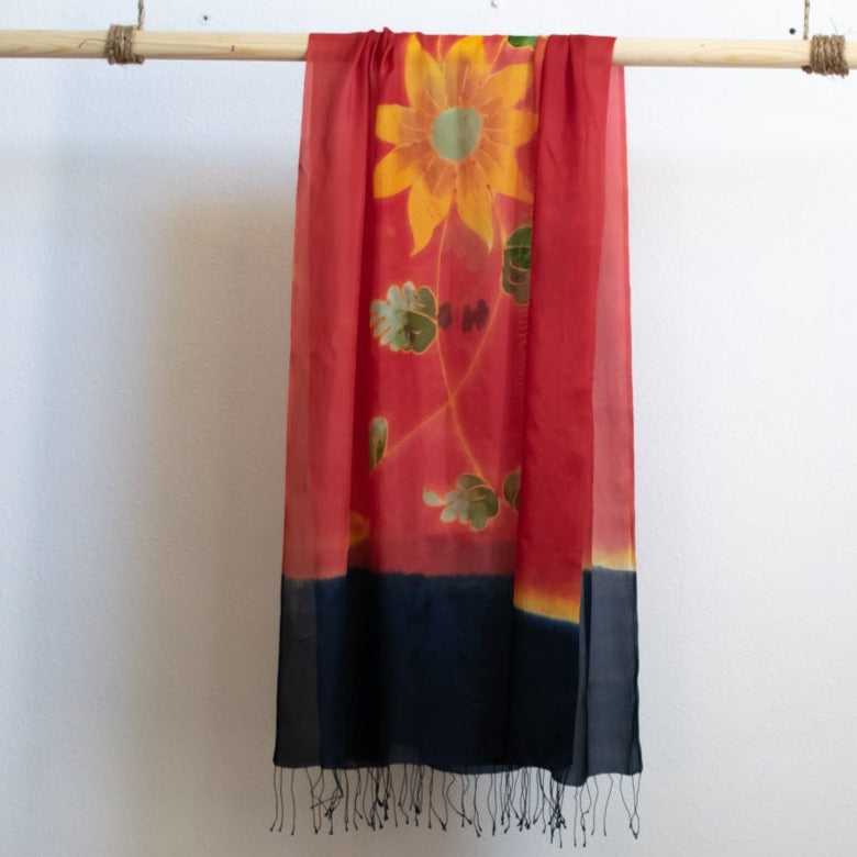 Large Hand Painted Red and Black Fine Silk Scarf, with Large Sunflower