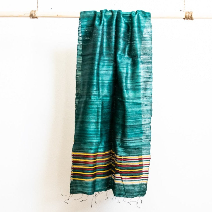 Large Raw Silk Scarf/Shawl/Wrap, Forest Green with Yellow, Black, and Red Stripes