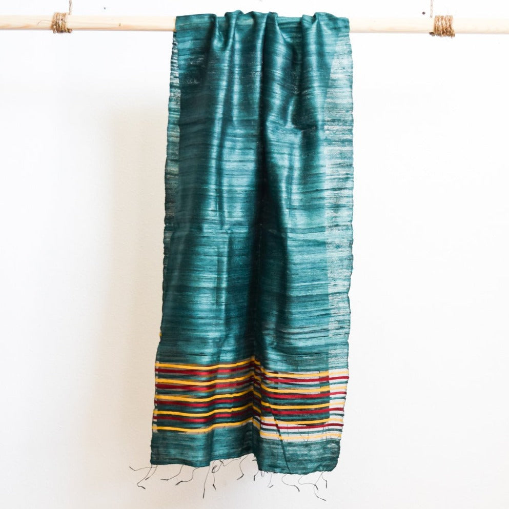 Large Raw Silk Scarf/Shawl/Wrap, Forest Green with Yellow, Black, and Red Stripes