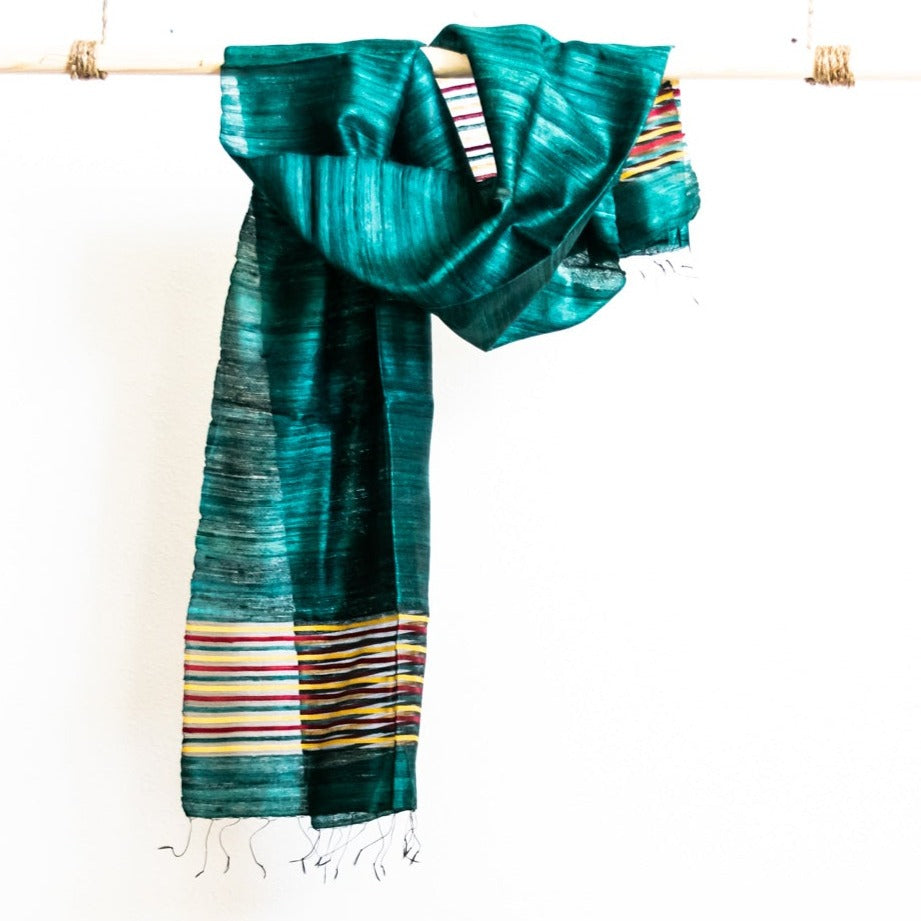 Large Raw Silk Scarf/Shawl/Wrap, Forest Green with Yellow, Black, and Red Stripes