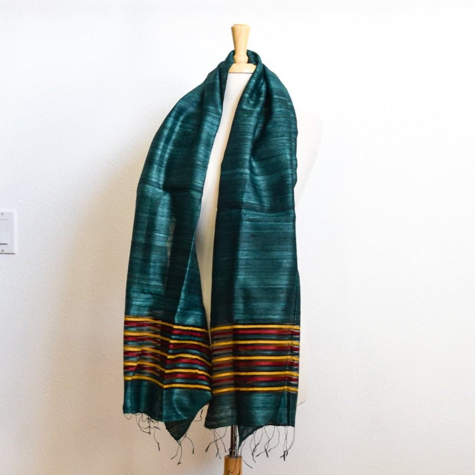 Large Raw Silk Scarf/Shawl/Wrap, Forest Green with Yellow, Black, and Red Stripes