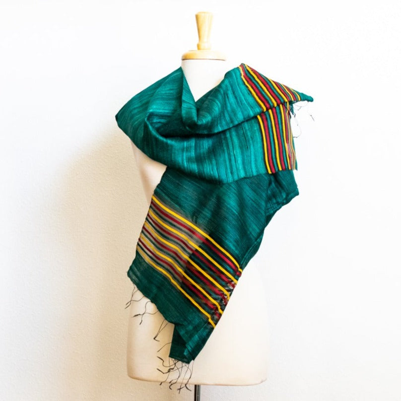 Large Raw Silk Scarf/Shawl/Wrap, Forest Green with Yellow, Black, and Red Stripes