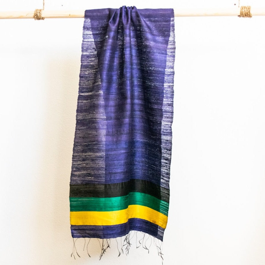 Large Raw Silk Scarf/Shawl/Wrap, Purple, with Green, Black and Yellow Stripes