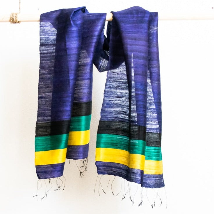 Large Raw Silk Scarf/Shawl/Wrap, Purple, with Green, Black and Yellow Stripes