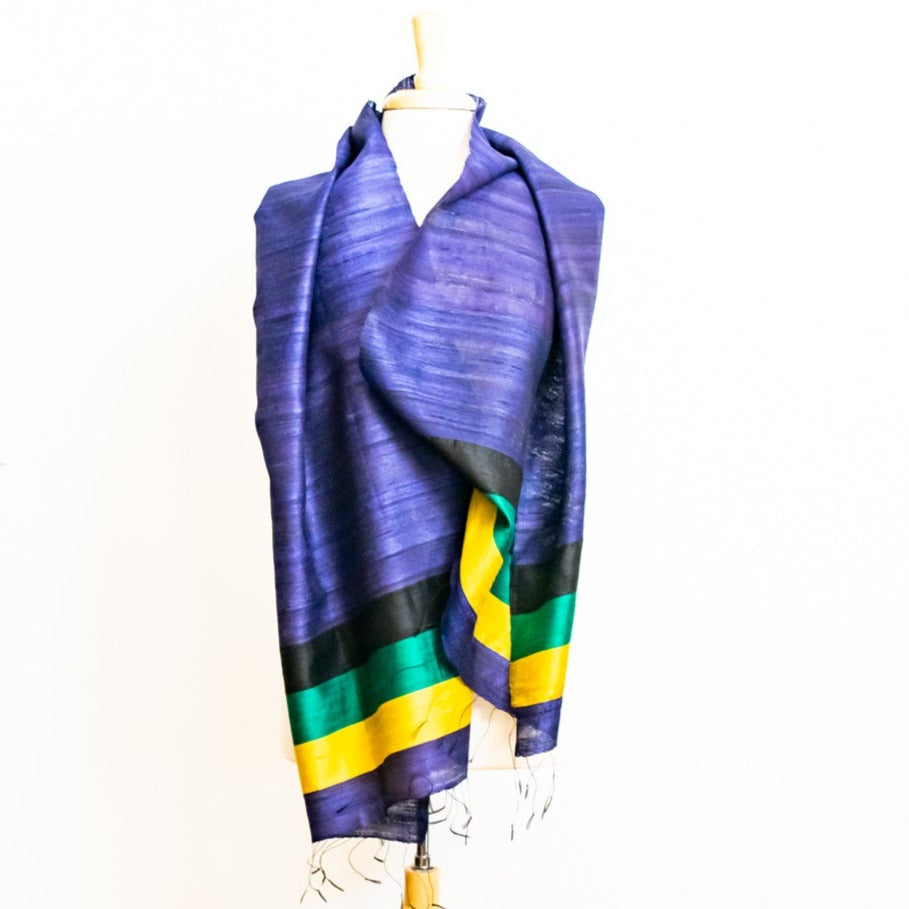 Large Raw Silk Scarf/Shawl/Wrap, Purple, with Green, Black and Yellow Stripes