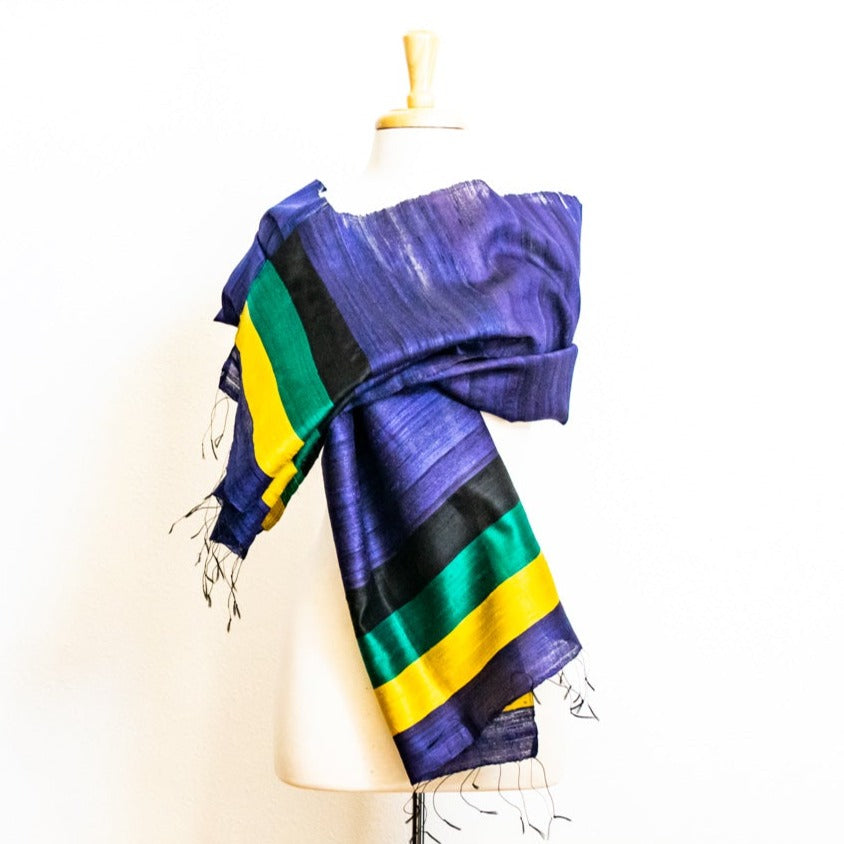 Large Raw Silk Scarf/Shawl/Wrap, Purple, with Green, Black and Yellow Stripes