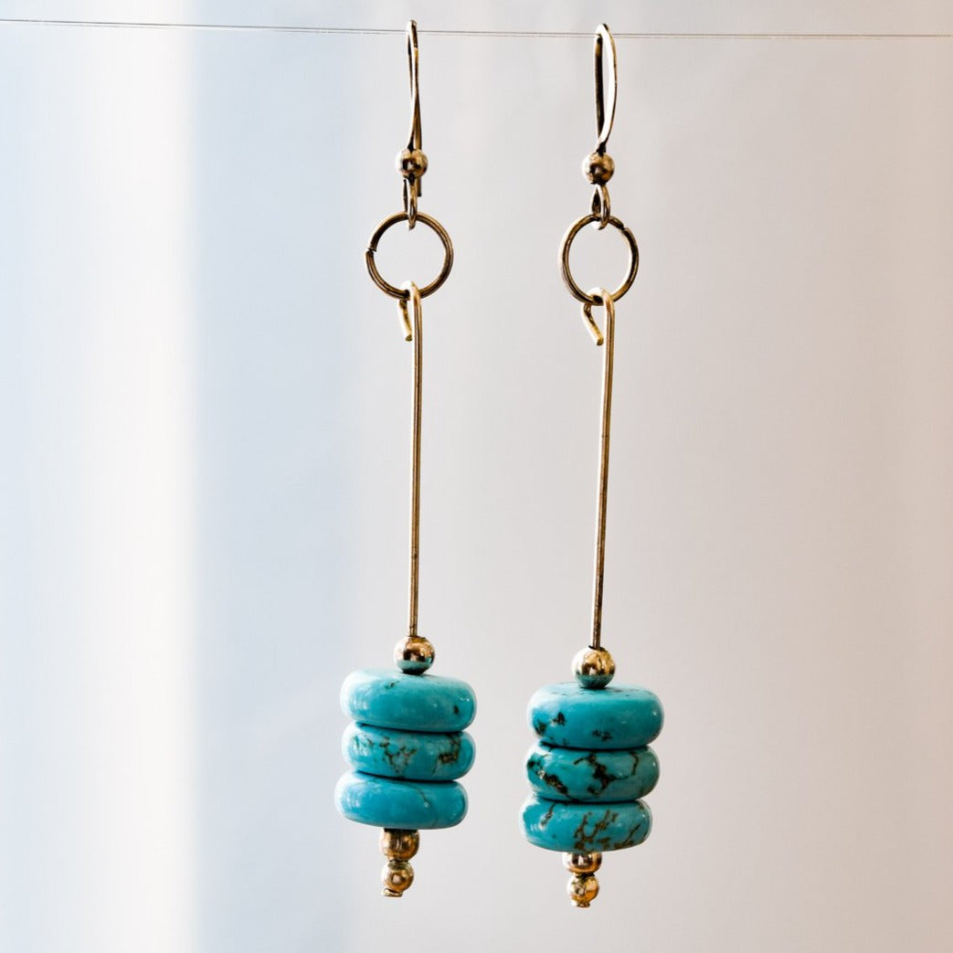 Expressions in Turquoise Natural Turquoise Stacked Stone and Silver Dangle Earrings