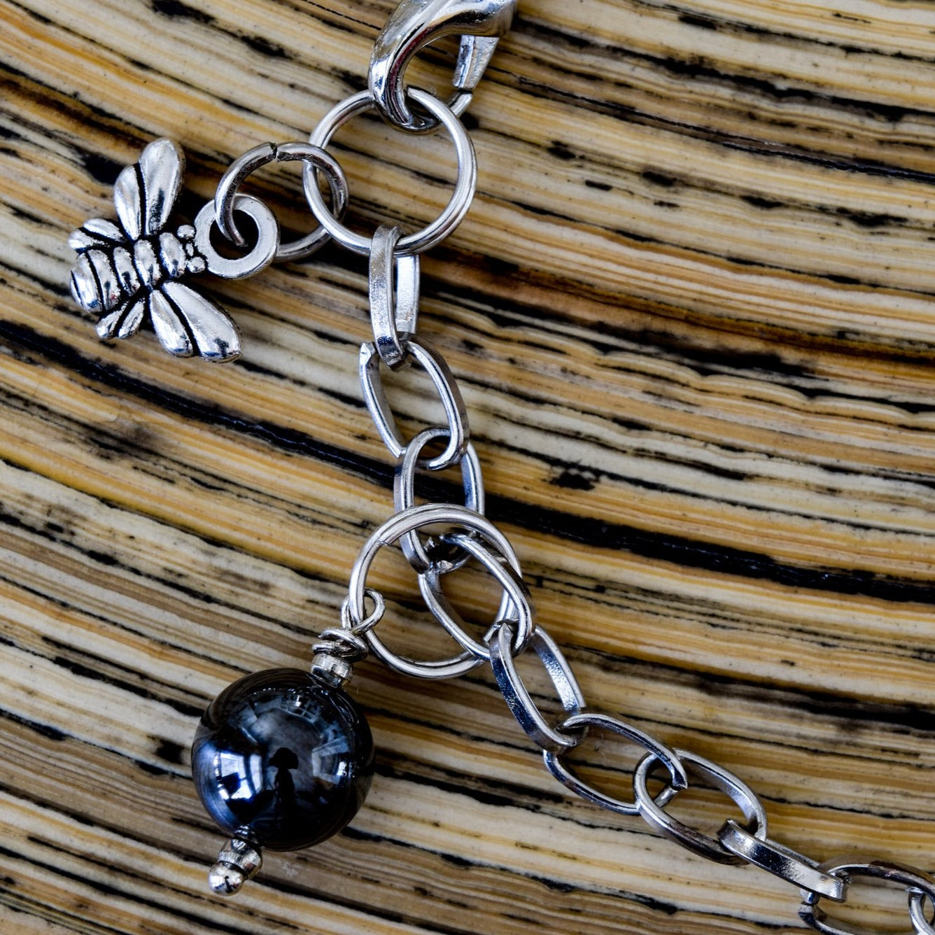 Expressions in Hematite, Silver Chain Bracelet with a Hematite Bead Charm