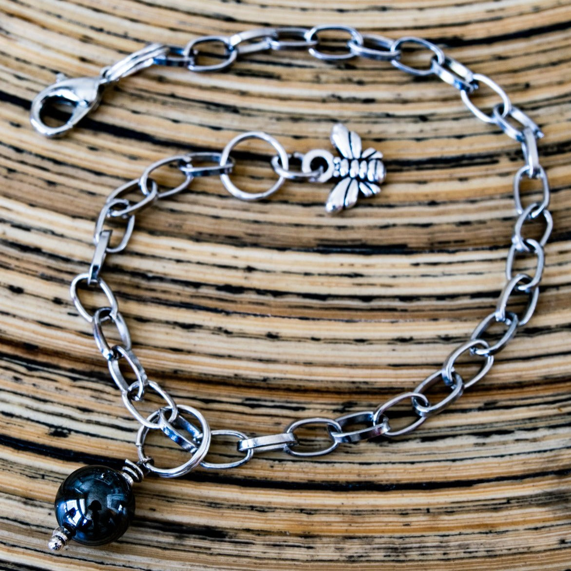 Expressions in Hematite, Silver Chain Bracelet with a Hematite Bead Charm